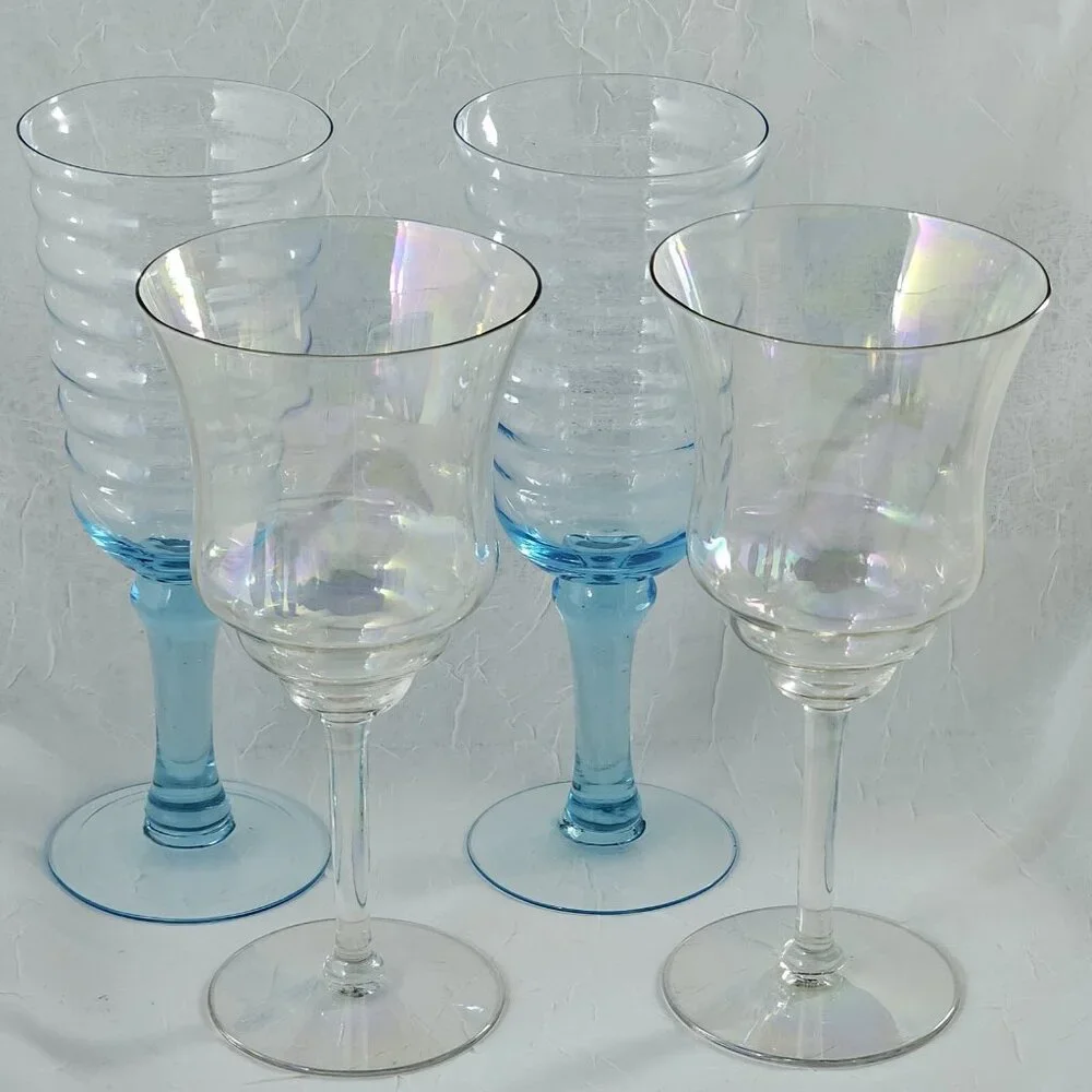Mismatched Wine Water Goblets set of 4 mixed blue and iridescent glasses party - Picture 6 of 8
